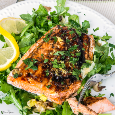 Roasted Salmon with Leek, Shiitake, & Arugula Salad