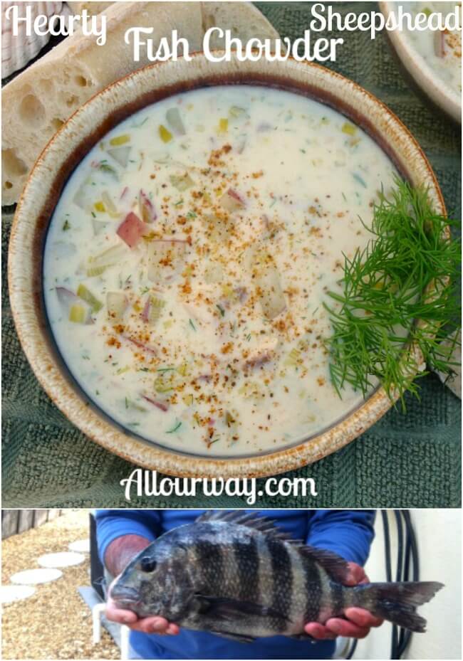 Collage of the sheepshead fish chowder in a brown bowl with a sprig of green dill on the side and baguette slices surround the bowl.
