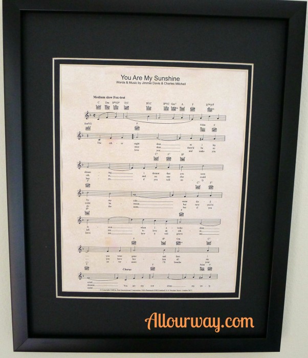 sheet music, You are my Sunshine, easy project, framed, matted