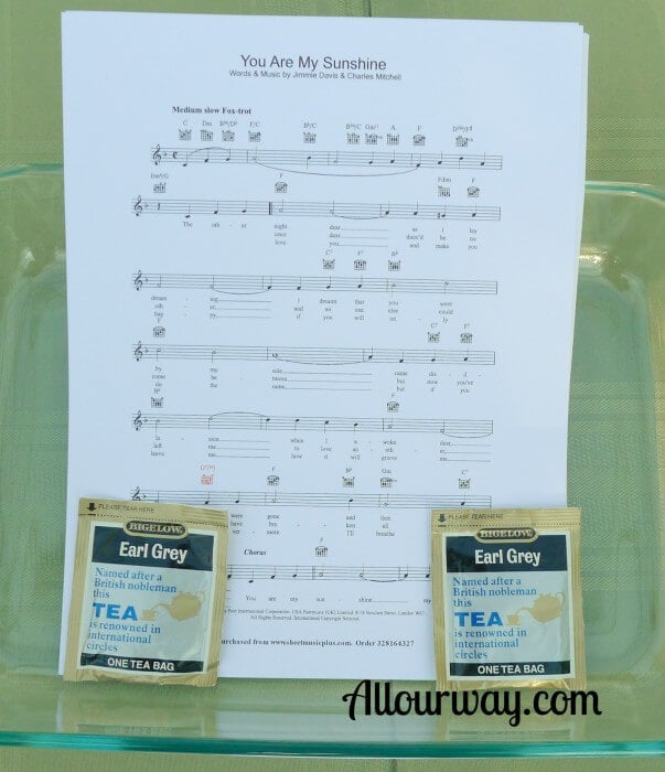 easy, inexpensive, tea stained, sheet music, framed, matted