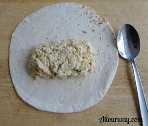 tuna salad on a flour tortilla with a spoon on the side. 