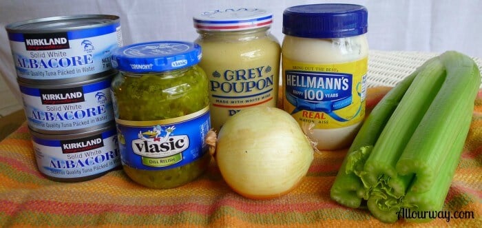 Ingredients for classic tuna salad, mustard, dill pickle relish, grey poupon, hot mustard, mayonnaise, onion, celery