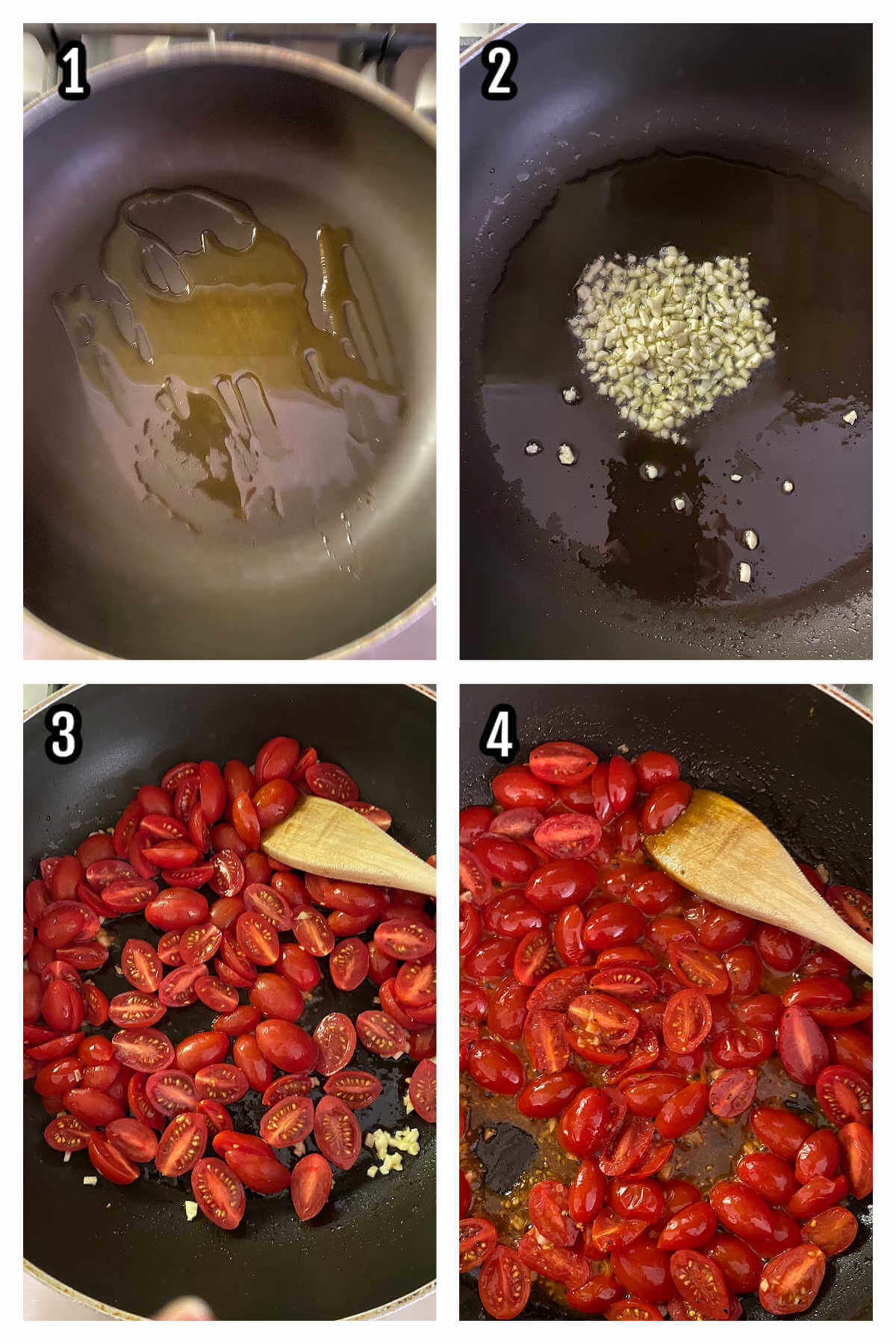 Collage of the first four steps to making the Sauteed Baby Spinach recipe with grape tomatoes. 