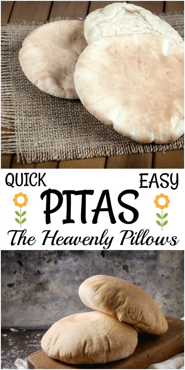 Quick and easy pitas are showcased on a burlap material and also on a dark brown cutting board on top of white gauze. 