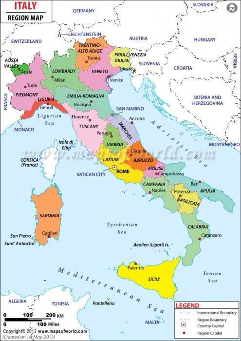 Italy, 20 regions, map