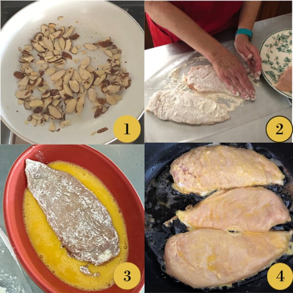 Collage of the first four steps to making Chicken Francaise. 
