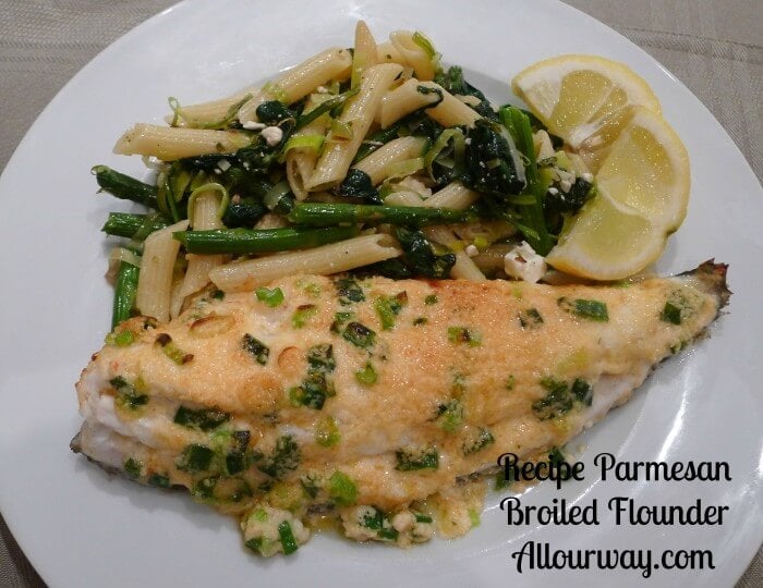 parmesan broiled flounder with pasta verde.