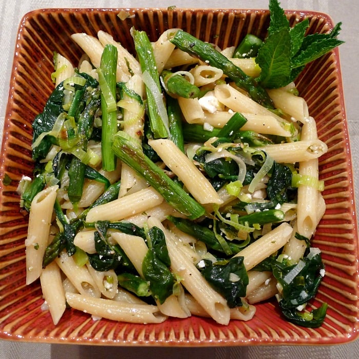 Pasta Verde or Green pasta is filled with springtime flavors of asparagus, spinach, leeks, and mint. A beautiful welcome to spring. 