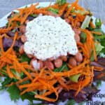 Baby spring vegetables, beans, carrots, and olives form this Triestine salad that's topped with the creamy Feta cheese sauce.