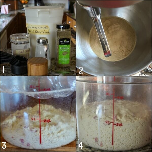 Collage of the first four steps of making Pizza Bread.