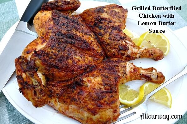 Butterflied chicken, grilled, basted with lemon butter sauce, resting