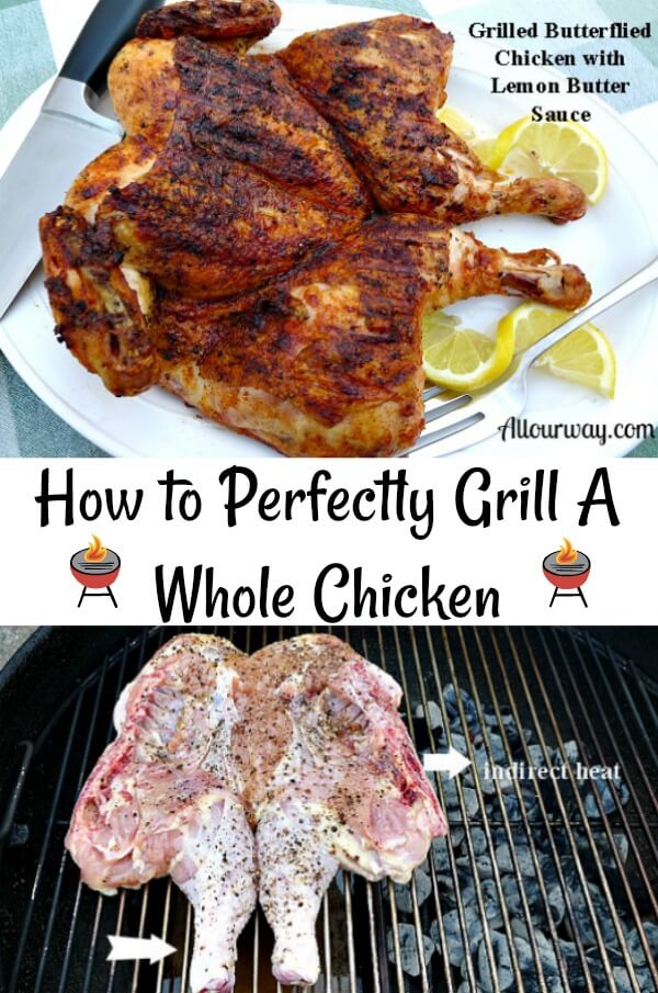 The best way to get a juicy and flavorful grilled chicken is to spatchcock or butterfly it and cook it with indirect heat. The skin gets a beautiful golden brown and the meat cooks evenly from dark meat to white.