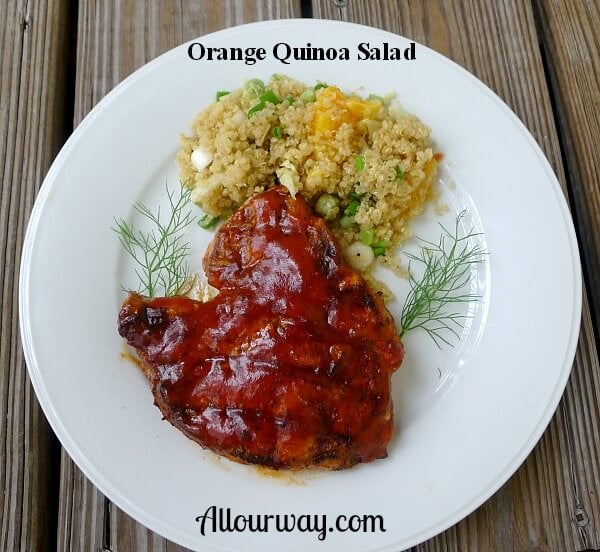 Round white plate with grilled Pork Chop slathered with red barbecue sauce and orange quinoa salad with sprigs of green fennel fronds on both sides of the plate.