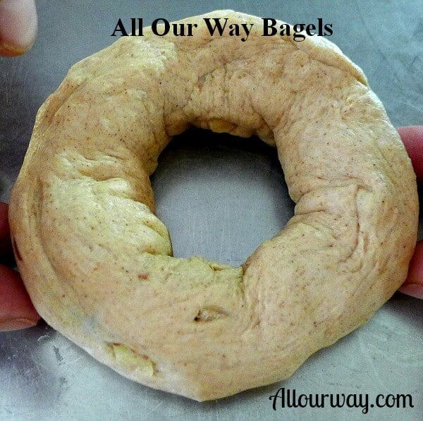 The homemade bagel dough is pinched, formed, into a bagel round.