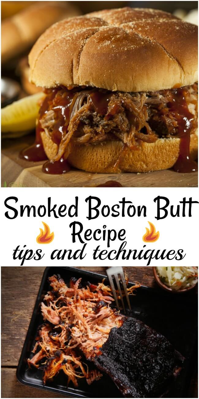 Smoked Boston Butt Recipe made into pulled pork sandwich on a hamburger bun with a dill pickle in background all on a light wood cutting board. 