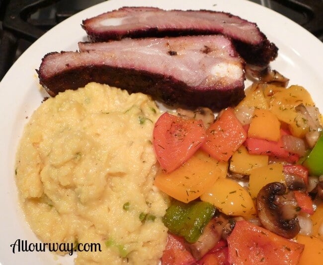 Smoked Pork Ribs withGrilled Peppers and Mushrooms and Cheese Grits and jalapenos at allourway.com