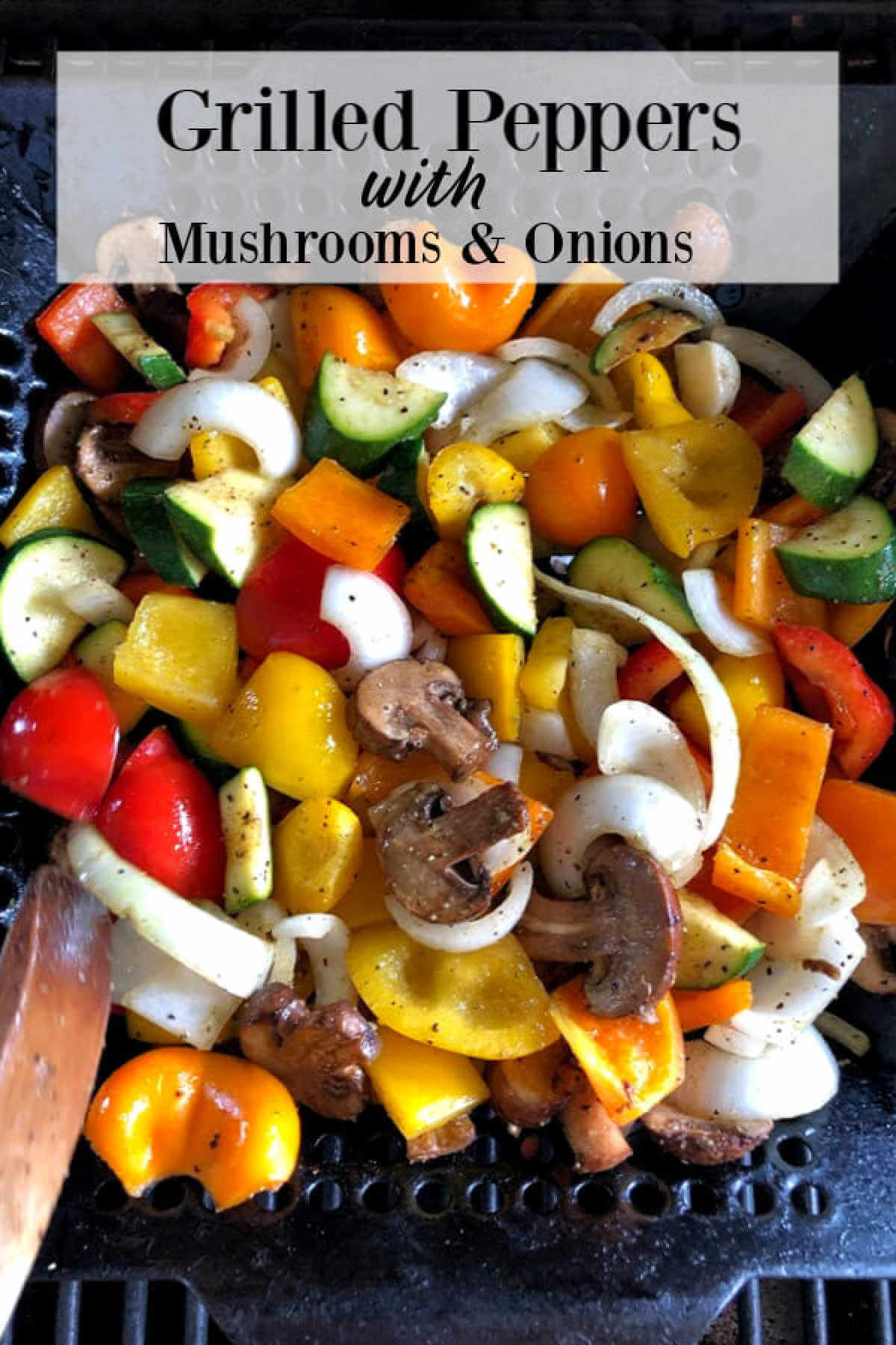 Mixed colored peppers grilled with zucchini, mushrooms, and onions.