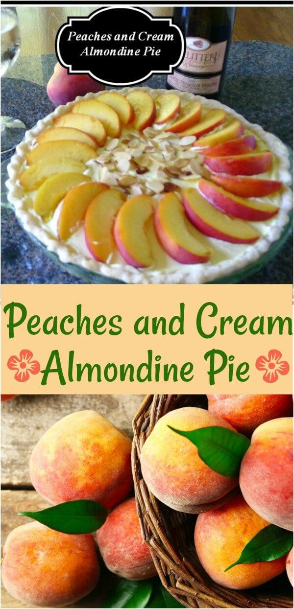 A collage of peaches and peaches and cream pie dessert with sliced peaches on top.