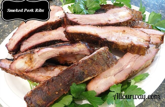 Smoked Pork Ribs finished with bark and a smoke ring at allourway.com