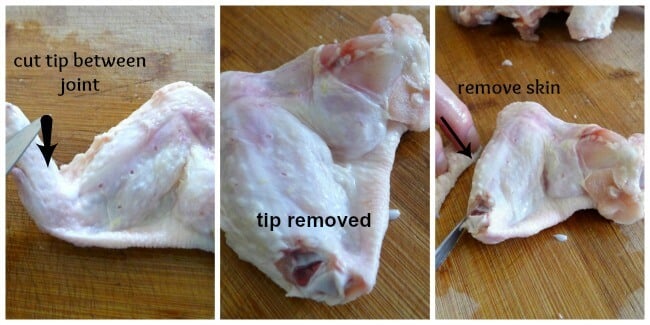 Preparing the Chicken wings for the Grill - the first three steps on cutting the tip of the wing and the extra skin.