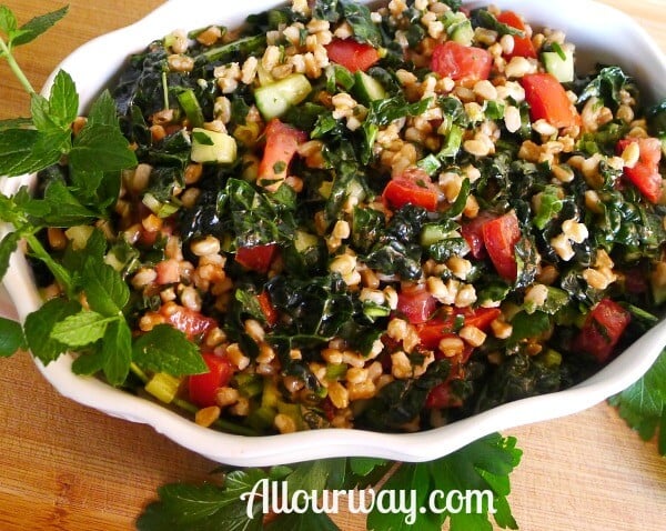 Farro Tabbouleh with Kale, Cucumber, Mint at allourway.com