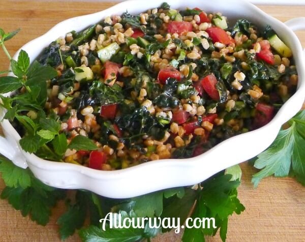 Farro Tabbouleh with Kale, Cucumber, Mint recipe at allourway.com