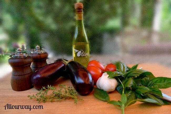 Ingredients for grilled baby eggplant & plum tomatoes with fresh tomatoes at allourway.com