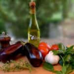 Ingredients for grilled baby eggplant & plum tomatoes with fresh tomatoes.