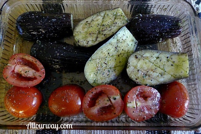 Marinating the Baby Eggplant & Plum Tomatoes Before Grilling at allourway.com