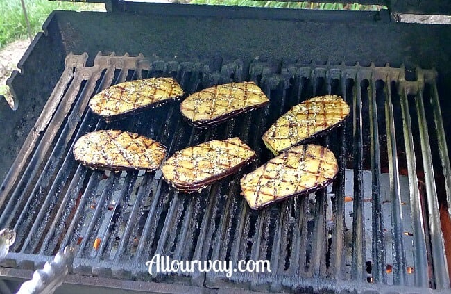 Grilling Eggplant for recipe Grilled Baby Eggplant & Plum Tomatoes with Fresh Basil at allourway.com