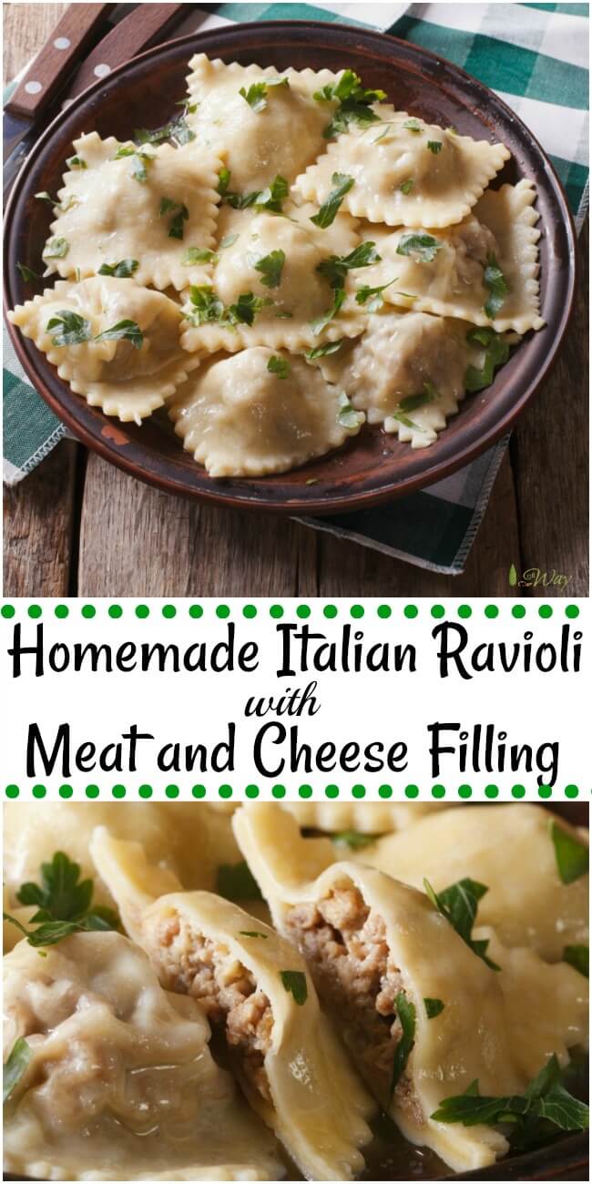 Homemade Italian Ravioli with meat and cheese filling sprinkled with green parsley leaves in a brown rustic bowl with wood handles knife and fork on the side and all on top of a green and white plaid towel on top of rustic wood table. 