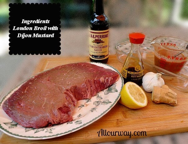 Ingredients for London Broil, Top Round Steak, garlic, ginger, lemon, soy sauce, Worcestershire sauce at allourway.com
