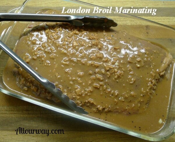 Top Round marinating in mustard marinade for London Broil at allourway.com