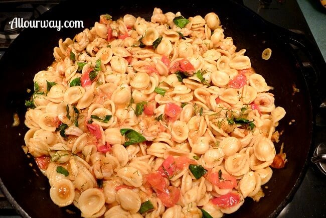 Orecchiette with Spicy Shrimp in pan at allourway.com