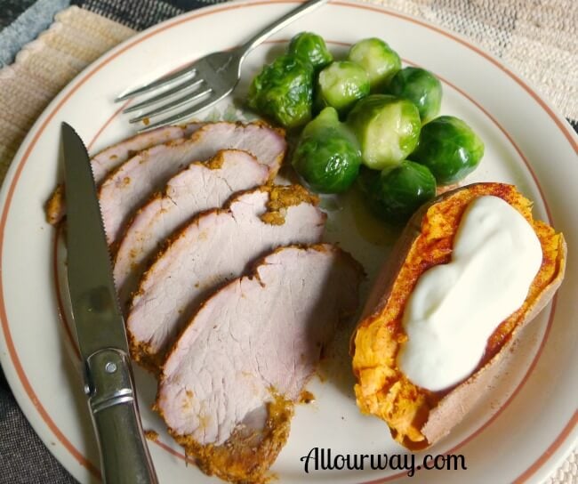Pork Sirloin Tip Roast Meal Served with Brussels Sprouts and Baked Sweet Potato at allourway.com
