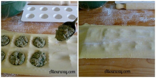 Collage showing how the Ravioli dough is filled with the meat and cheese then covered with a sheet of pasta at allourway.com