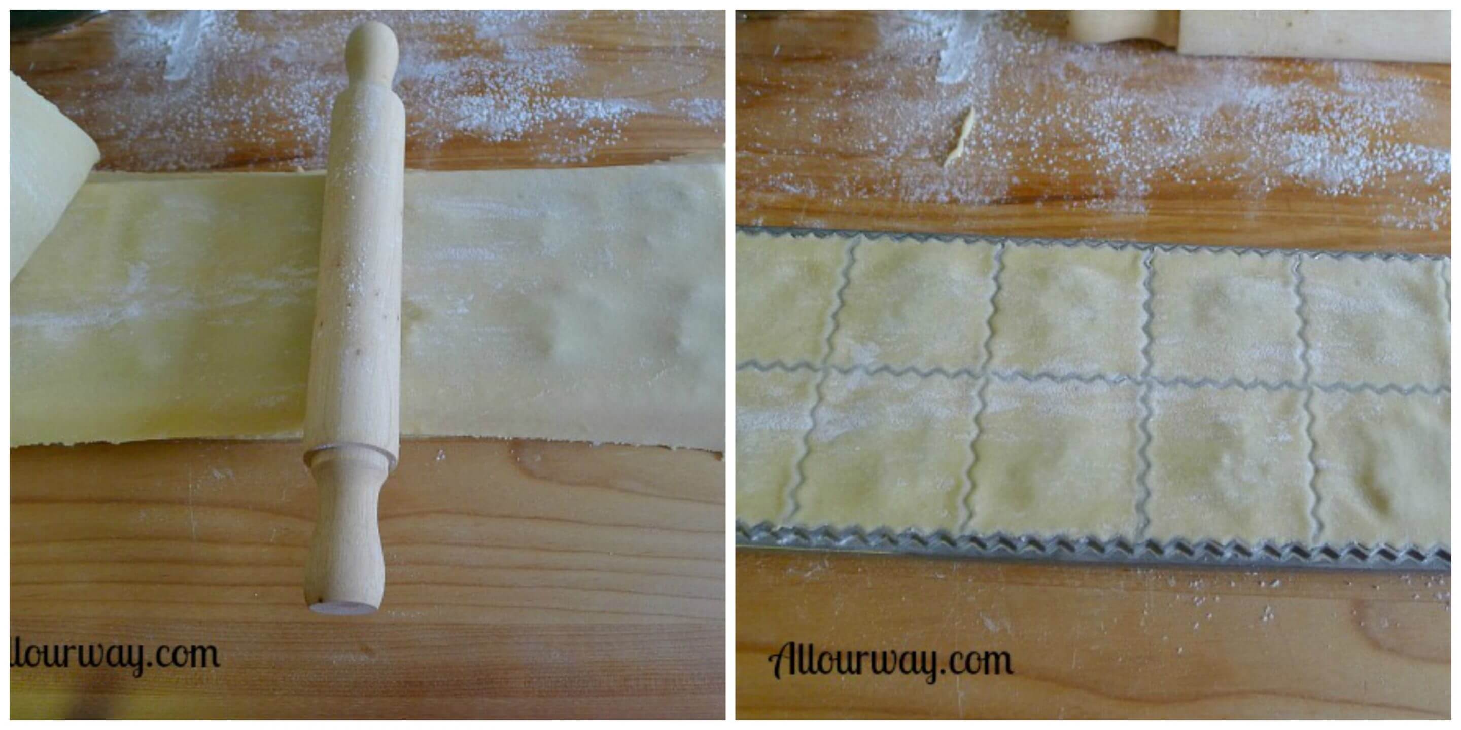 Ravioli rolling pin runs over the dough from center out to seal the edges between the two layers. 