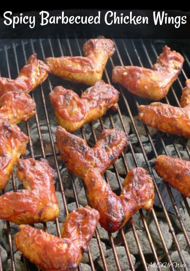 Close up of barbecued chicken on round grill grate cooking. 