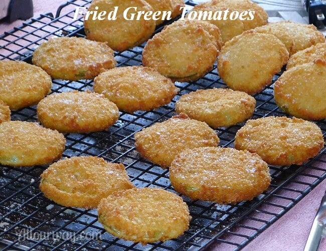 Fried Green Tomatoes Breaded in Panko Crumbs Ready for Caprese on Flatbread at allourway.com
