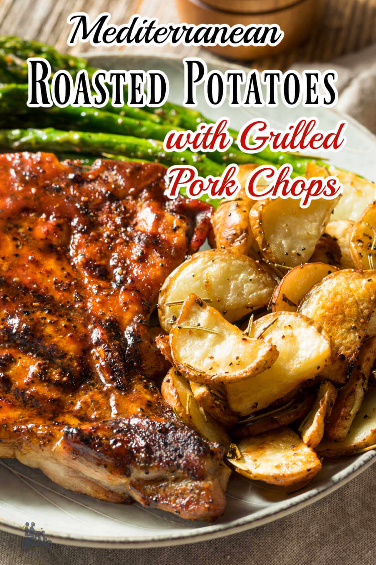 Pinterest image with title overlay for Mediterranean roasted potatoes and grilled pork chops.