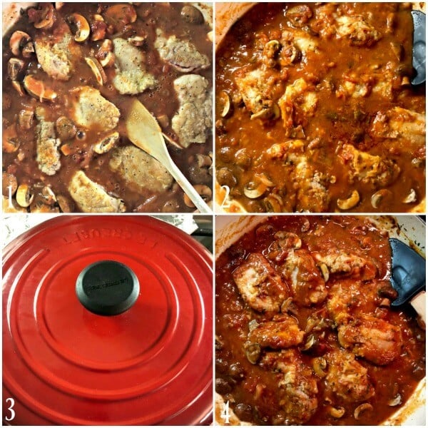 Collage of 3rd set of directions for making Chicken cacciatore or pollo alla cacciatora. 