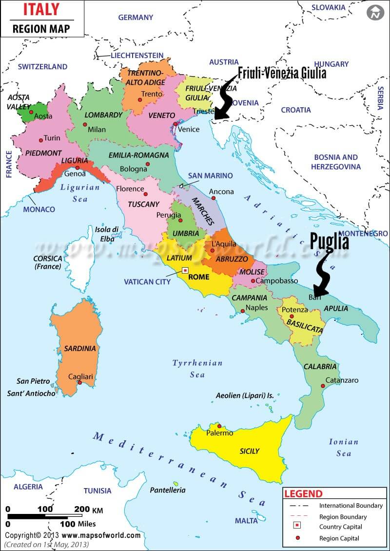 Italian Regional Map Pointing to Friuli-Venezia Giulia and Puglia @allourway.com
