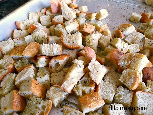 Baked croutons in a bowl for the Italian Sausage dressing. 