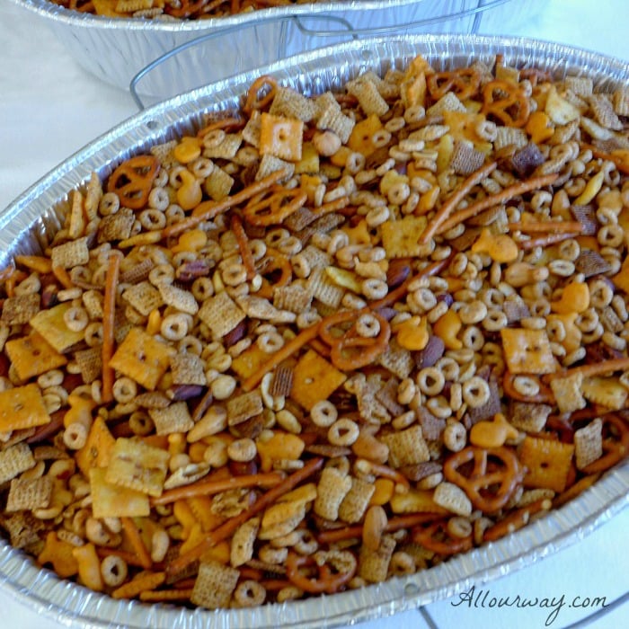 Party Mix is a delicious combination of nuts, cereal, pretzels, crackers and spiced up @allourway.com