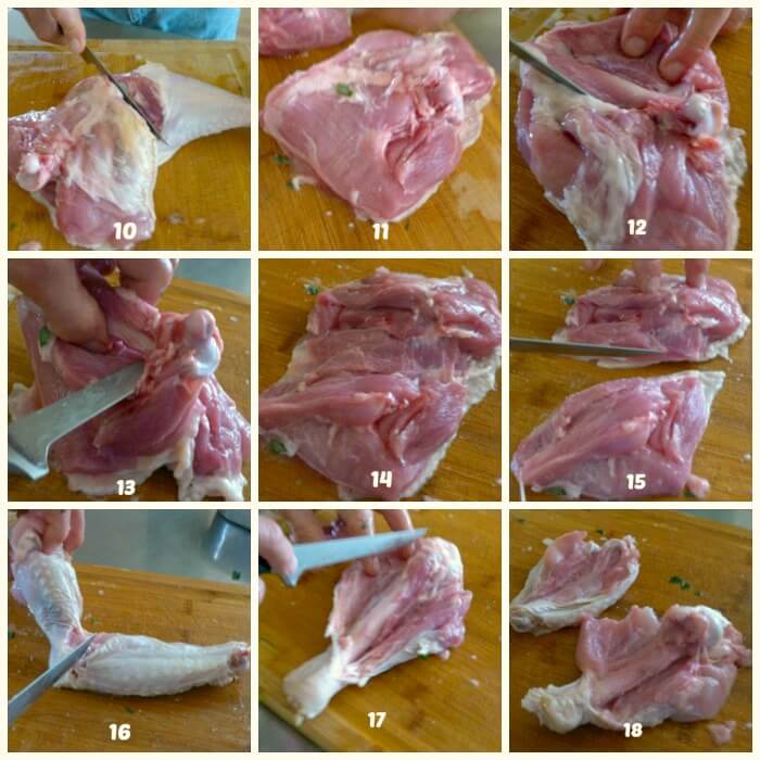 Collage of steps 10-18 boning the meat for the Perfect roast Turkey. 