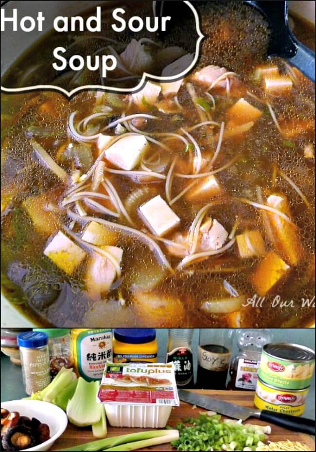 Collage of Hot sour soup in a large dutch oven and the ingredients below the picture. 