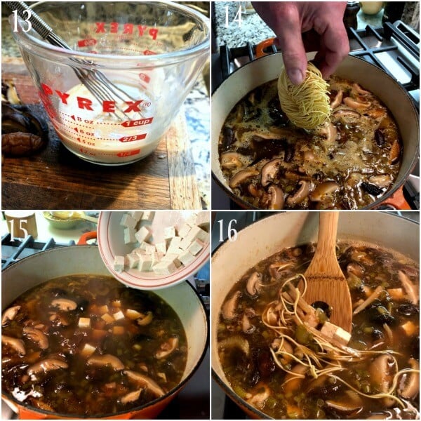 Collage of the easy steps 13-16 for Hot and sour Soup. 