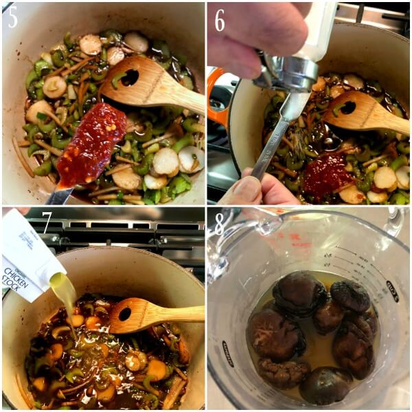 Collage of steps 5-8 for hot and sour soup. 