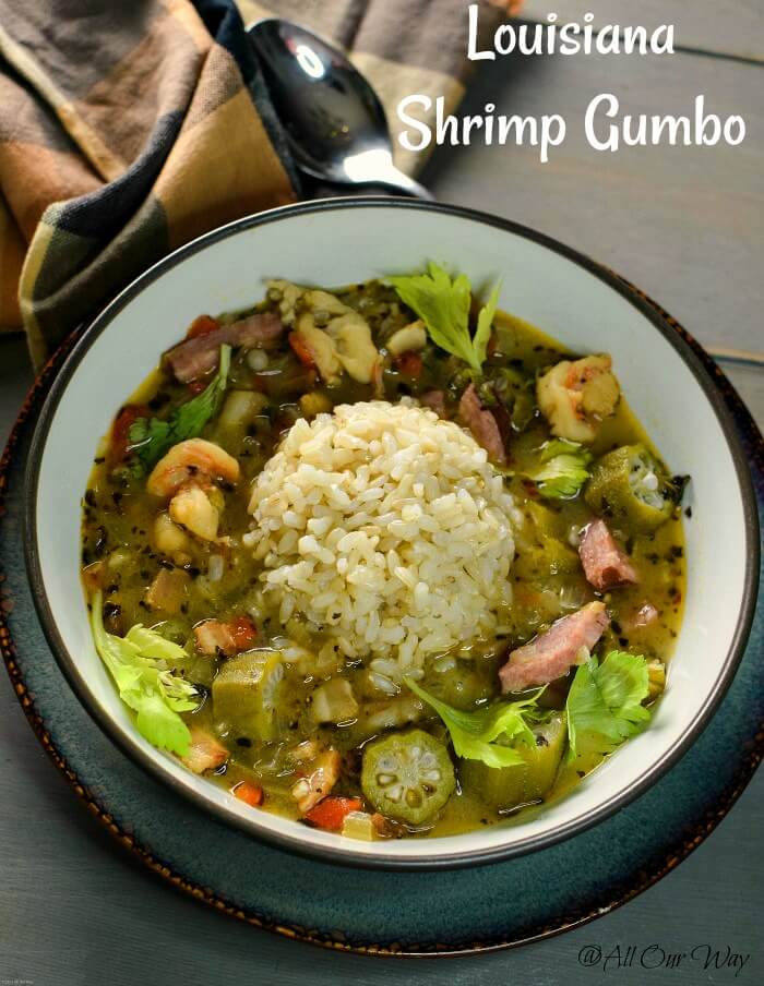 Louisiana Shrimp Gumbo is a delicious southern spicy stew, a hearty soup that's served with rice. #gumbo,#stew,#soup,#Louisianasoup,#heartysoup, #comfortfood, #ricesoup #cajunsoup,#filésoup, #okrasoup, #shrimpgumbo, #MardiGras, #comfortfood, #FatTuesday