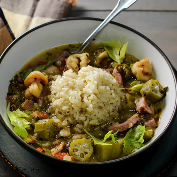 Louisiana Shrimp Gumbo in bowl with rice and a spoon.